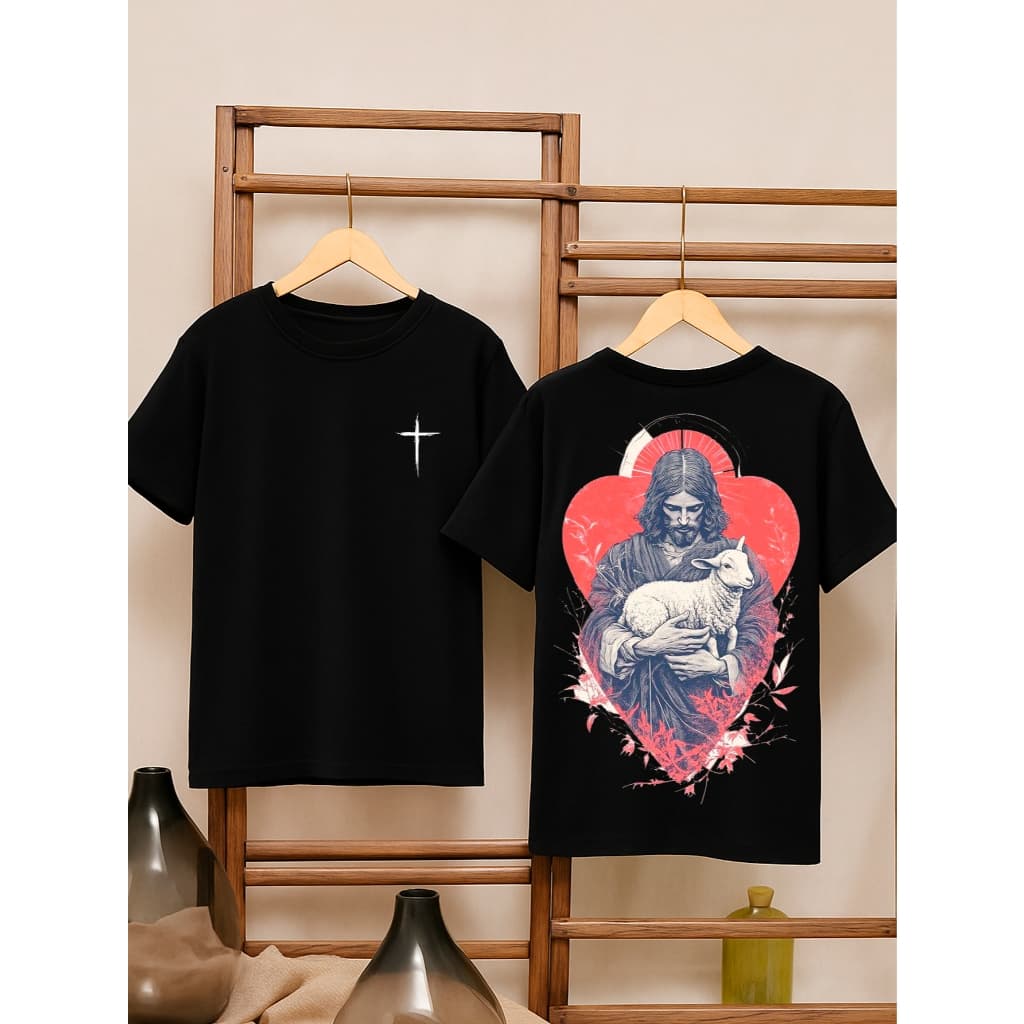 Camiseta Oversized Feminina Estampada Frente e Costas 100% Algodão Camisetão Jesus e Cordeiro Religiosa  Cruz