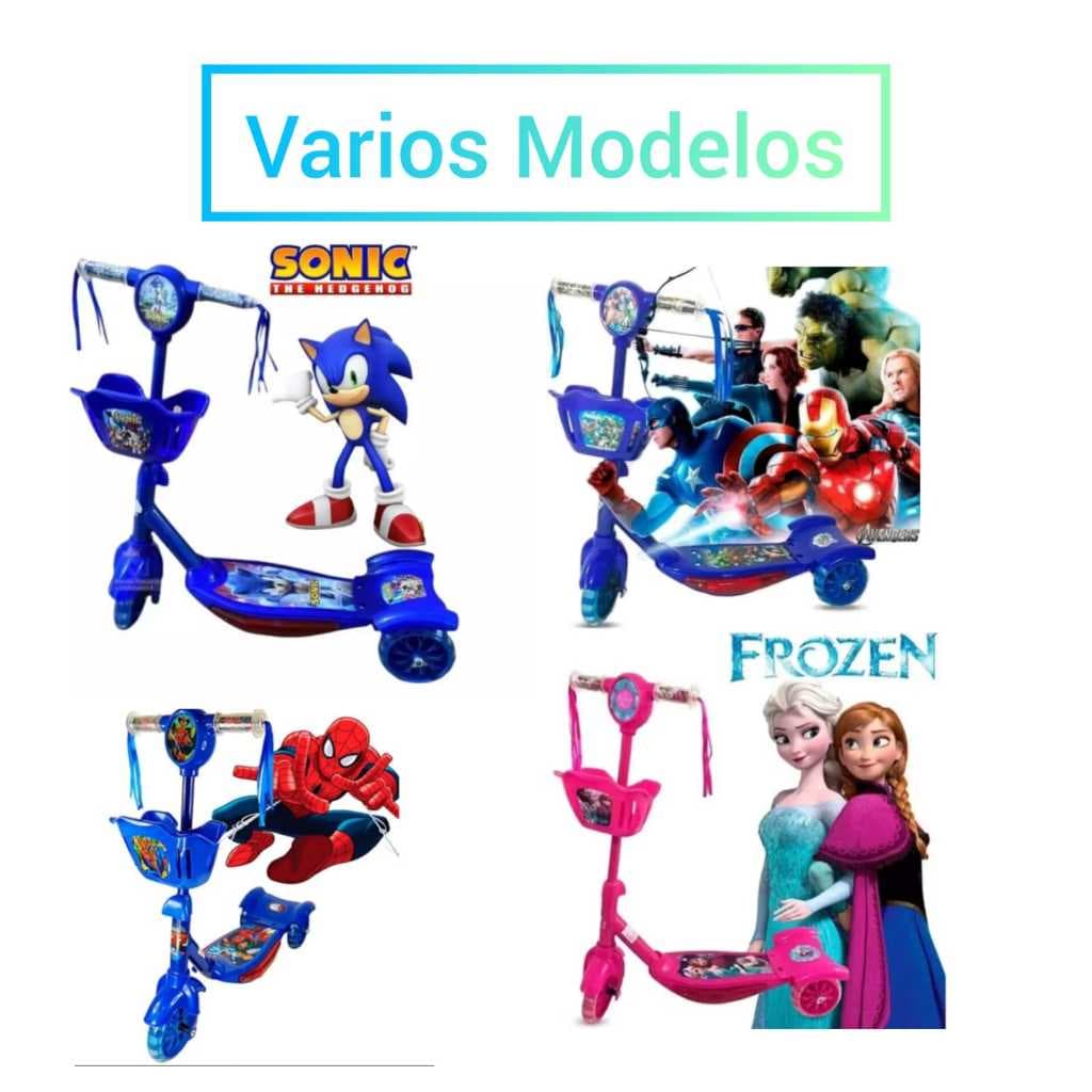 Patinete Infantil 3 Rodas Cesta Luzes Música Personagens Animados