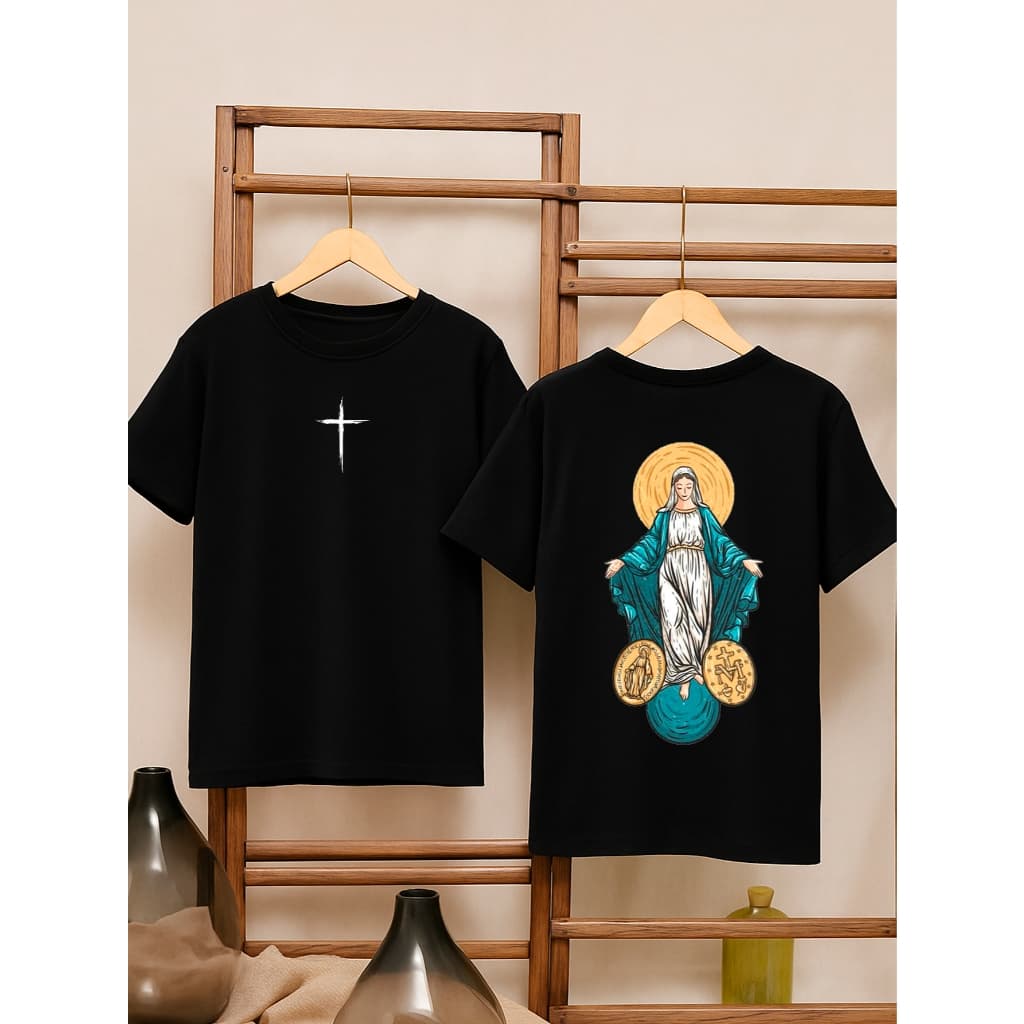 Camiseta Oversized Feminina Estampada Frente e Costas 100% Algodão Camisetão Nossa Senhora Das Graças Religiosa Cristã