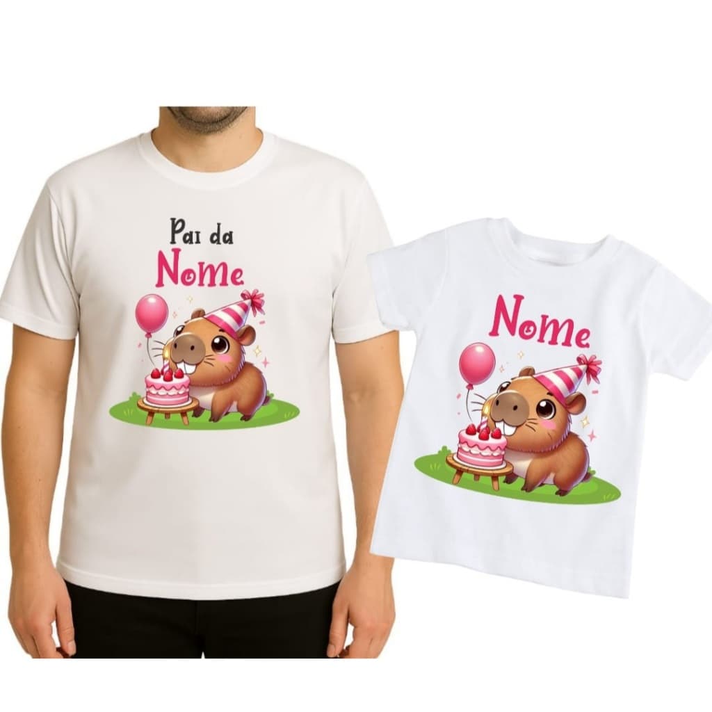 Camisetas aniversário Capivara Pai e Filha com bolo e chapeú - Informar Nome