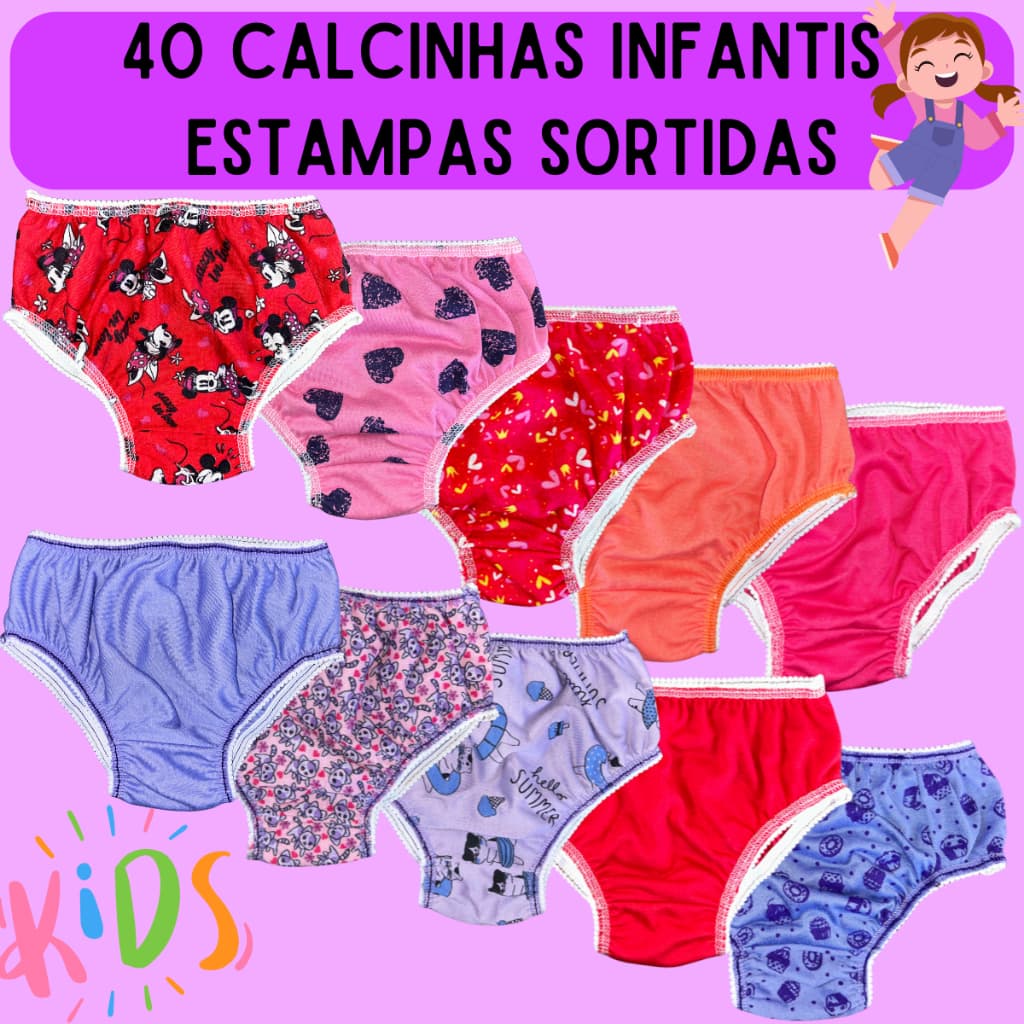 Kit 40 Calcinhas Infantis De Algodão Para Criança Menina E Bebê Alta Qualidade Super Confortável Kids