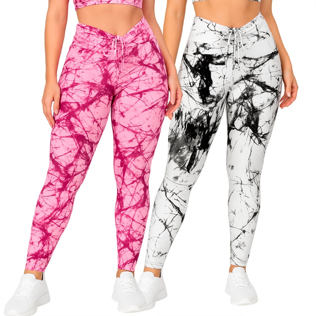 Kit Calça Legging Marmorizada com Cordinha Fitness Cintura Alta Suplex para Academia Cross Fit Esportiva