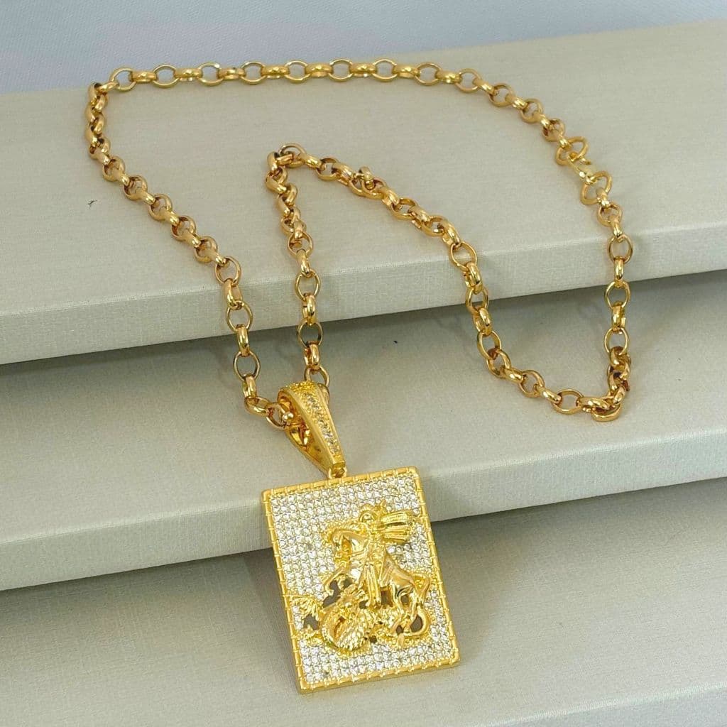 Cordão São Jorge Cravejado Quadrado Folheado Ouro com Garantia