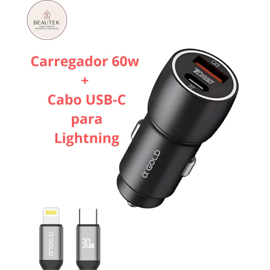 Kit Carregador Veicular 60W + Cabo USB-C para Iphone IOS Lightning A'Gold Pro CJ13-2/C-IOS