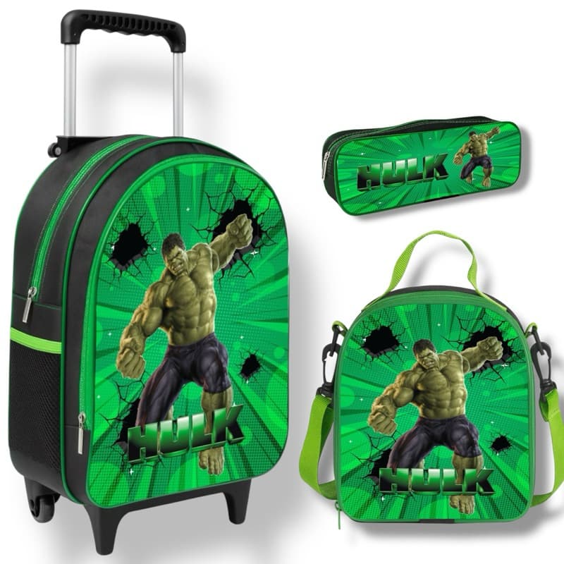 Kit Mochila Escolar Infantil Hulk Juvenil Menino Lancheira Termica + estojo Mochila Forro Interno