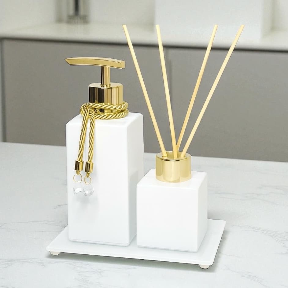 Kit Aromatizador de Banheiro Branco Porta Sabonete Líquido e Difusor de Ambiente