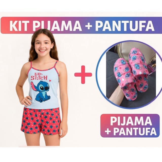 kit pijama juvenil+pantufa feminina roupa de dormir para menina adolescente