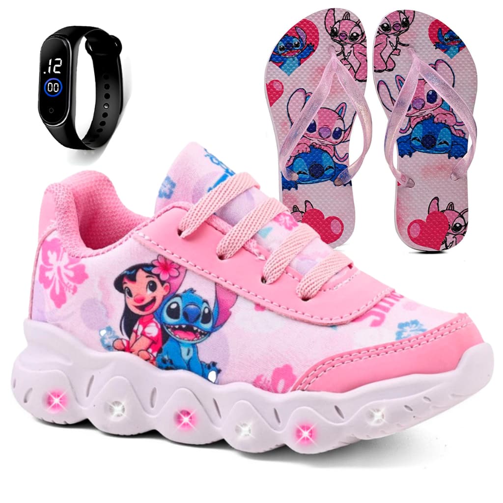 Kit Tênis Infantil Menina Stitch Com Led + Chinelo + Relógio