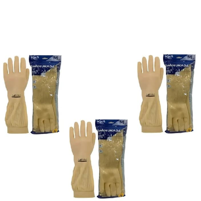 Kit 3 Prs Luva Latex Volk Sem Forro Ranhurada Bege CA 15100