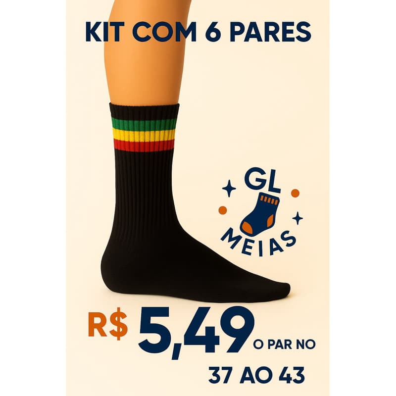 kit 6 pares meia rasta cano alto canelada grossa