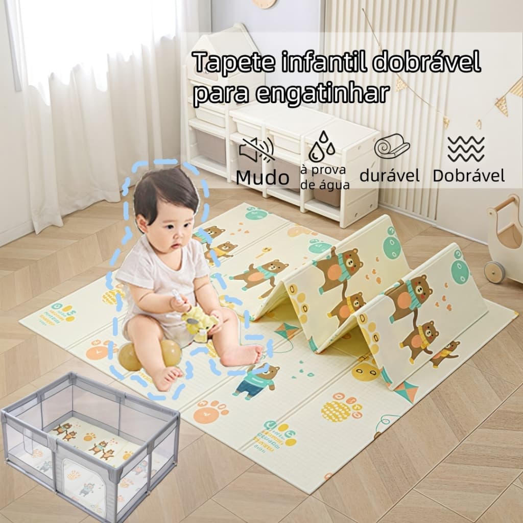 Tapete Bebê XPE 10mm 180x120/200x150cm | Certificado INMETRO + Antiderrapante | À Prova d'Água e Dobrável em 3s