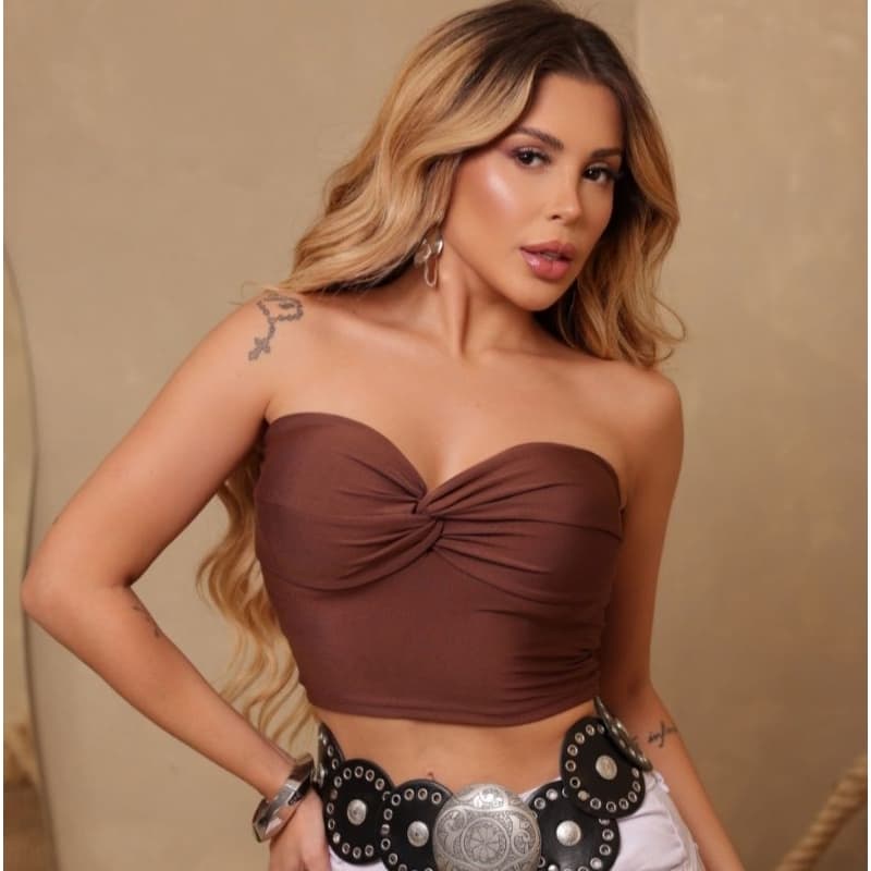 Cropped Top Feminino Tomara que Caia em Suplex com detalhe Nozinho Moda Blogueira