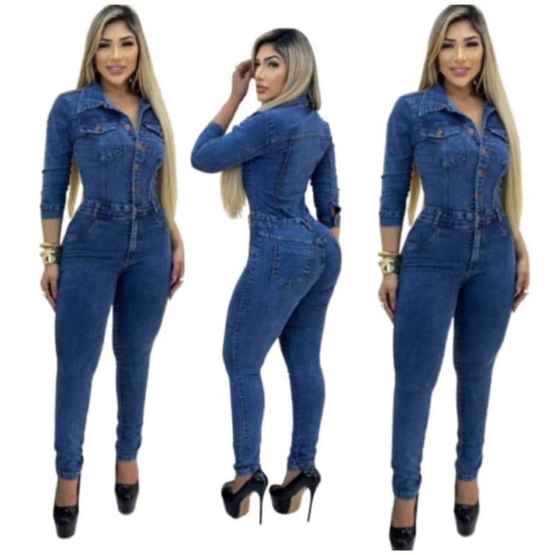 Macacão Jeans Feminino Manga 3/4 Longo Atraente