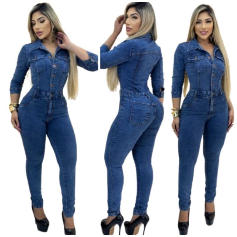 Macacão Jeans Feminino Manga 3/4 Adulto Lycra Estiloso