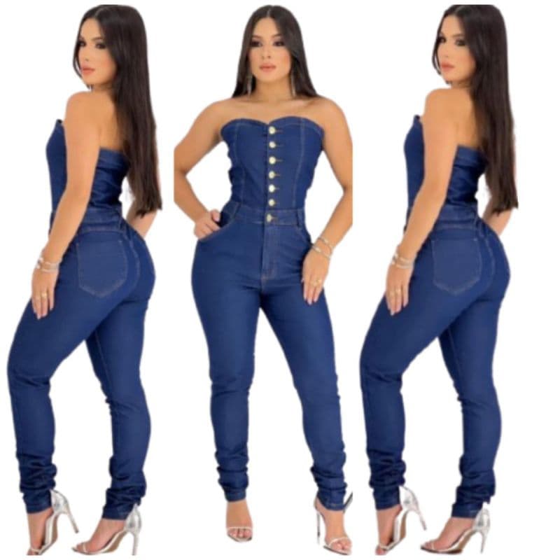 Macacão Jeans Feminino Tomara Que Caia Glamour Skkiny Laycra