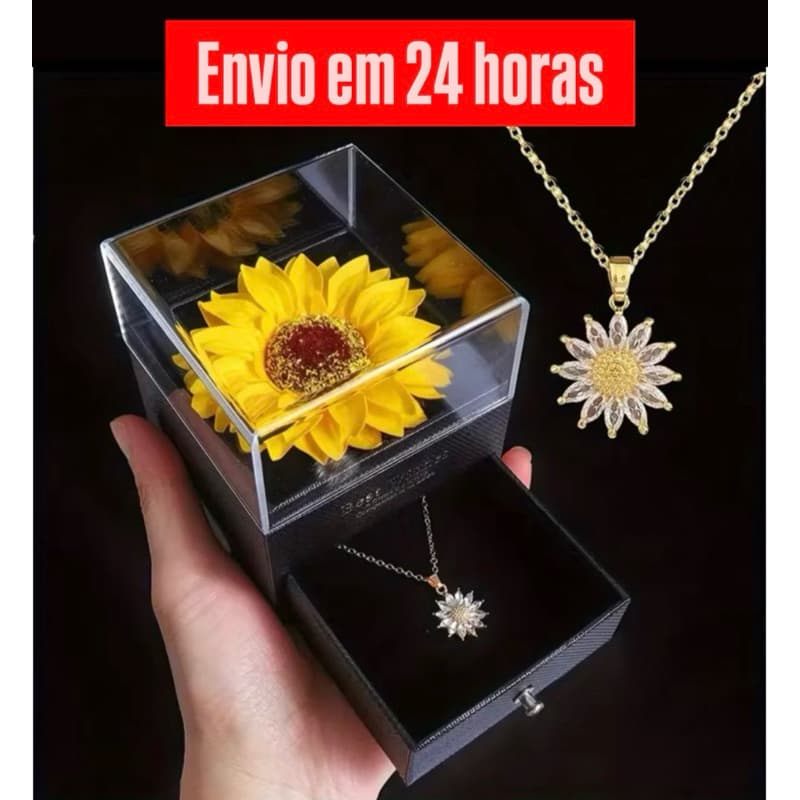 Caixa de joias com girassol + colar girassol pedrarias, representa lealdade/ amor + mensagem personalizada