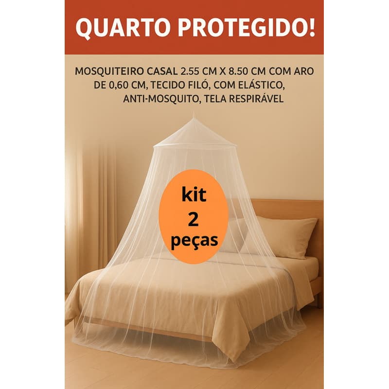 Kit de 1 ou 2 mosquiteiros casal/solteiro teto elástico em volta Filó anti-mosquitos 100% Poliéster