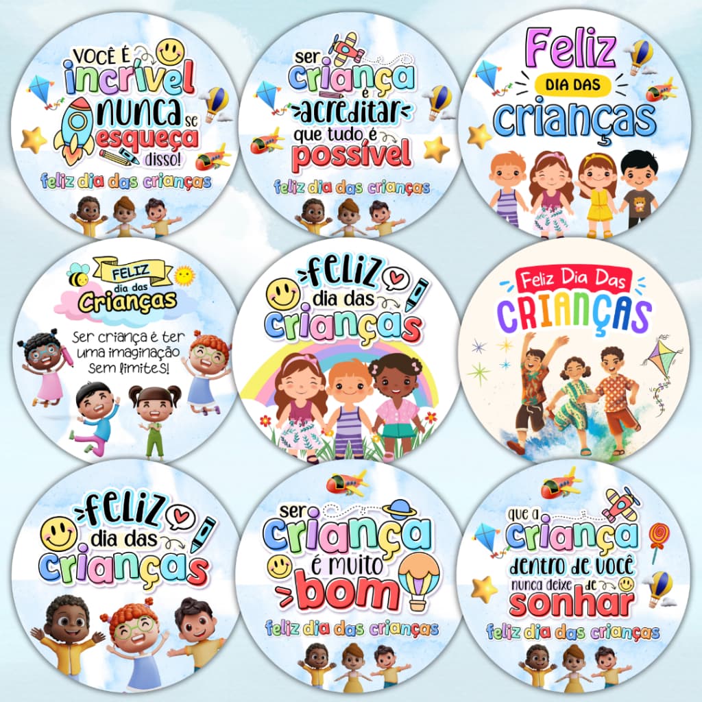 Kit 100 Adesivos Feliz Dia das Crianças Presente Lembrancinha Embalagem Cliente