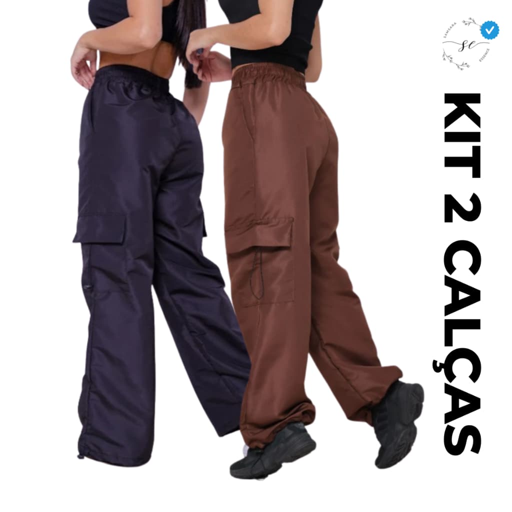 Kit 02 Calças Feminina Cargo Parachute com Elástico e Ajuste na Barra – Tecido em Tactel Confortável