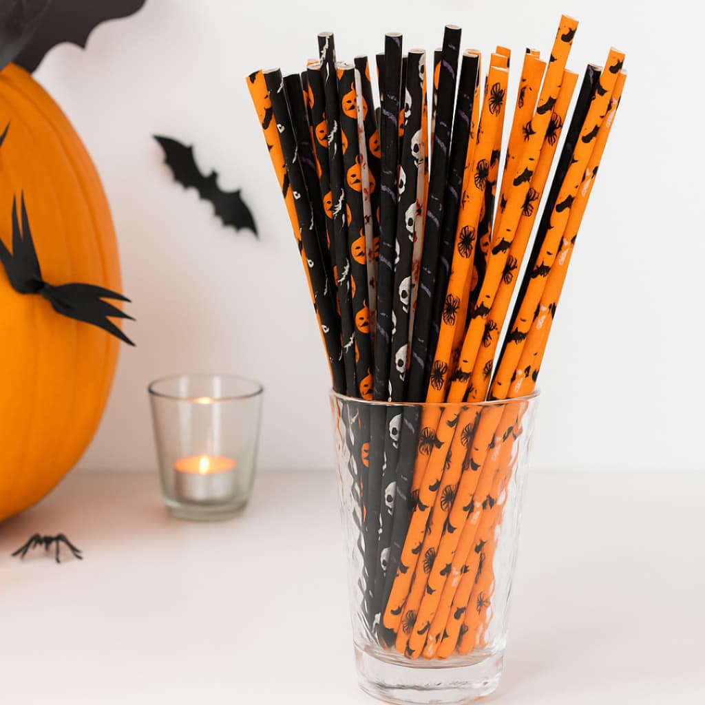 Kit Canudos Papel Halloween Estampado Morcego Aranha Abóbora 12 Unidades Festas Eventos