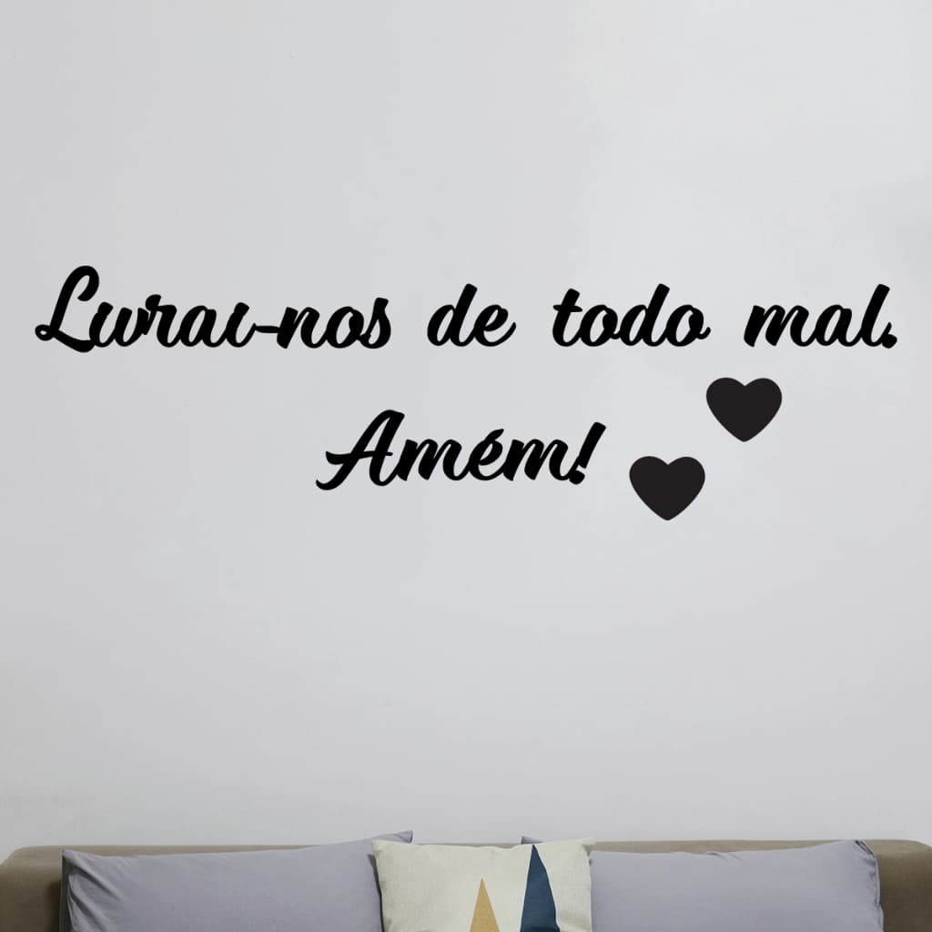 Frase Livrai-nos de Todo Mal Amém. Letreiro Decorativo Religioso Deus Jesus feito em MDF Preto