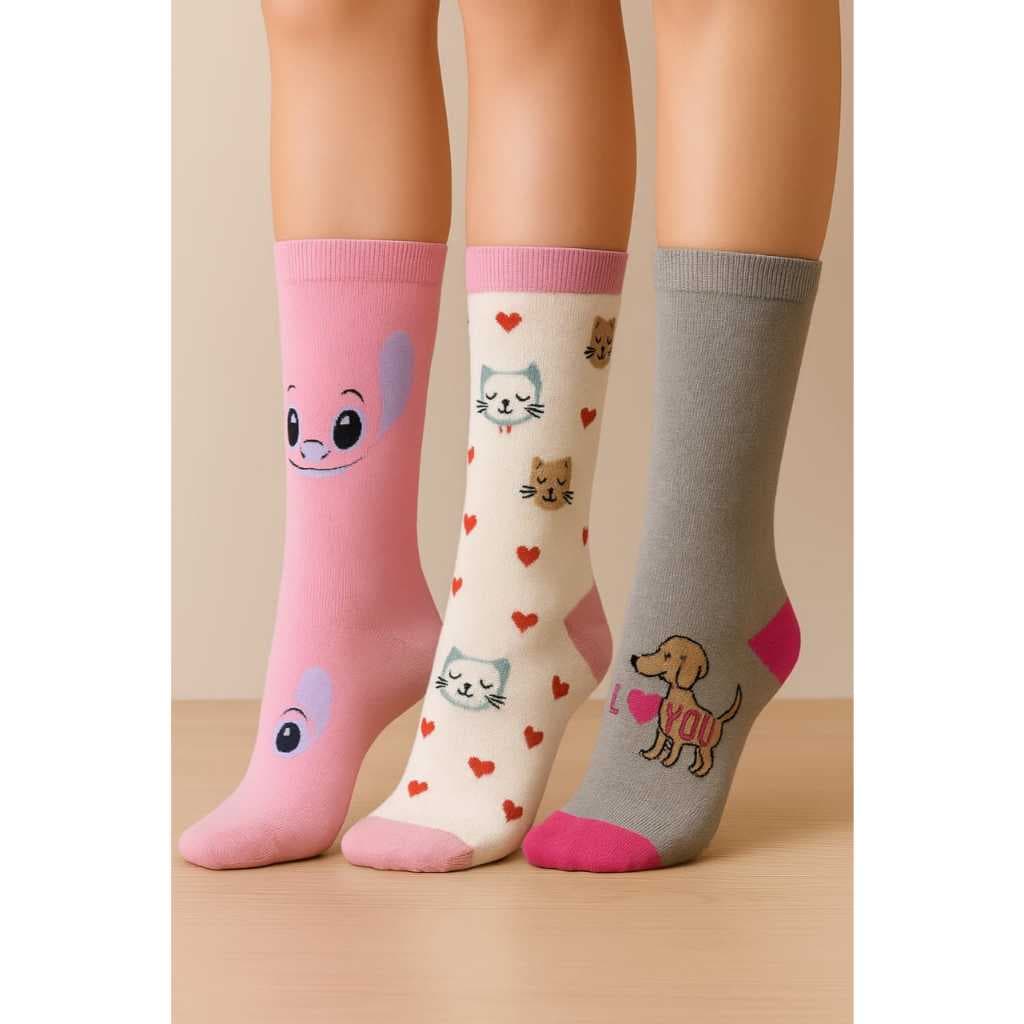 Kit de 3 pares de meias cano longo sortidas juvenil e adulto feminino coloridas e divertidas do 34 ao 38