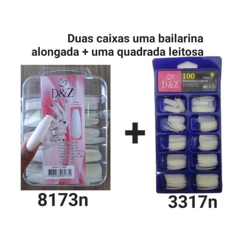Kit 200 Unhas Postiças Quadrada + Bailarina Extra Grande Leitosa D&Z - Kit 2 caixas 1 de cada formato Alongada