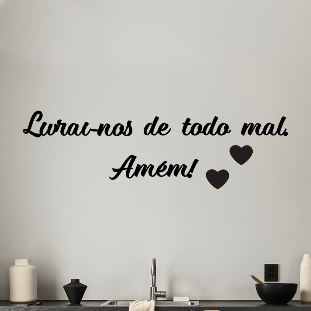 Religioso Frase Livrai-nos de Todo Mal Amém MDF Quadro Decorativo 3mm Preto Fosco