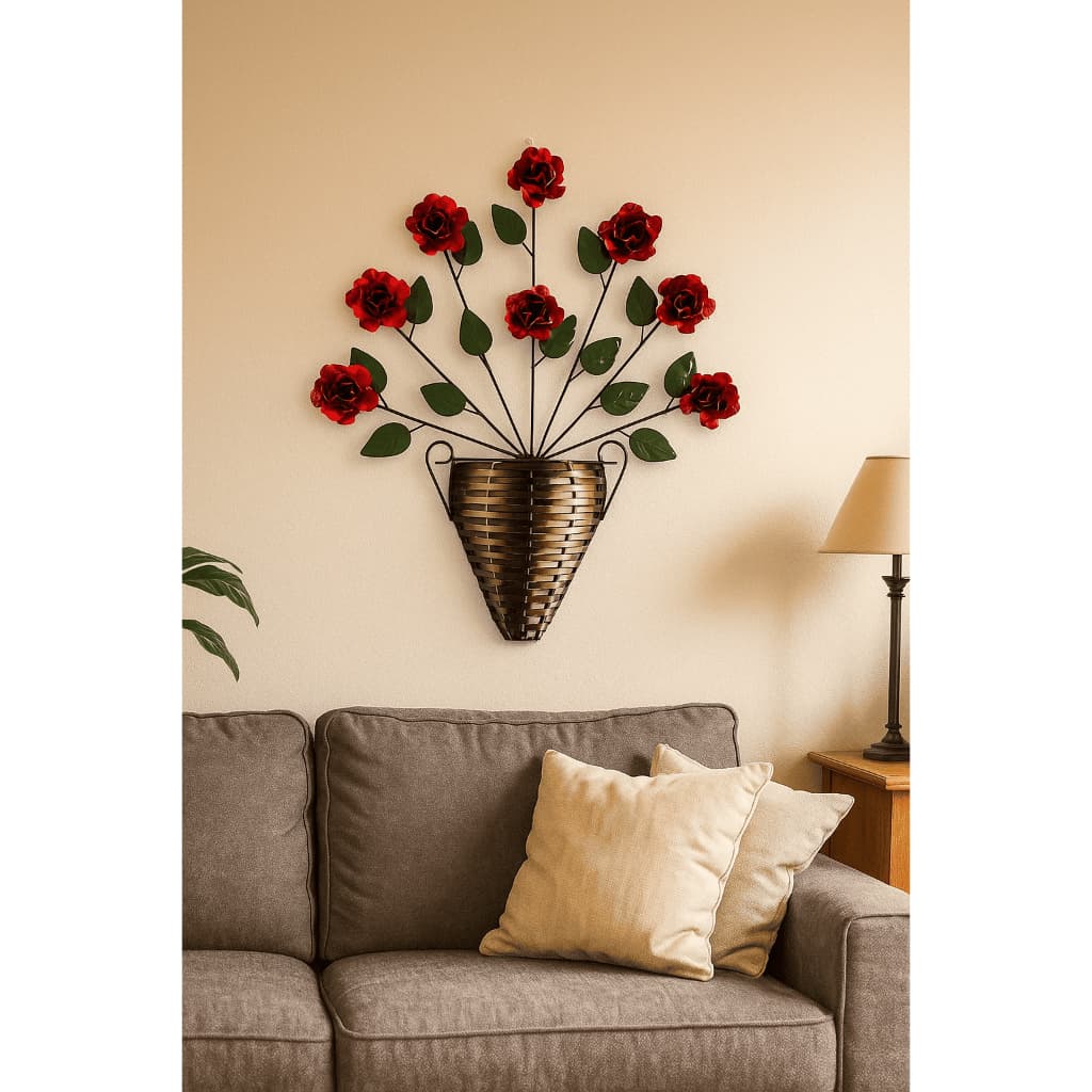 Moldura De Vaso Ferro Com Rosas E Folhas Parede