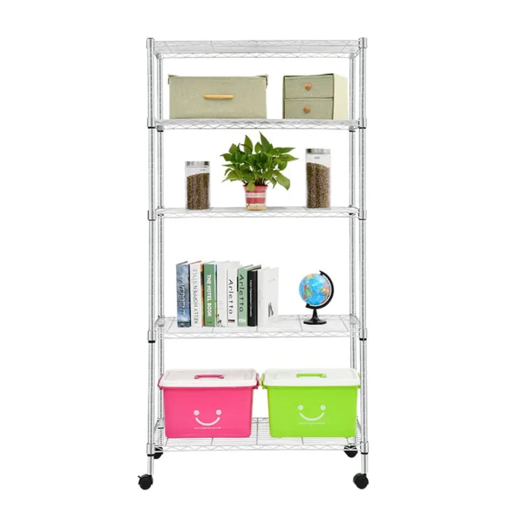 Estante Aramada em Aço Cromado Com 5 Prateleiras Ajustáveis e Rodízios  75 cm x 35 cm x 152 cm