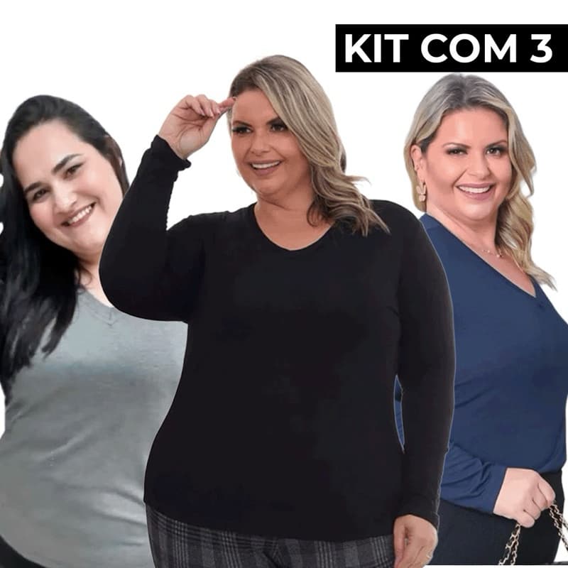 Kit 3 Blusa Feminina  Manga Longa Gola v Segunda Pele de Frio Basica Plus Size Treino Casual Academia Dia a Dia