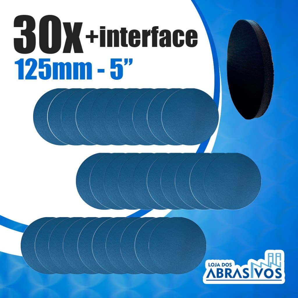 Kit 30 Discos Lixa 125mm + Interface com Velcro - Disco de lixa para Metal, madeira, plástico, farol
