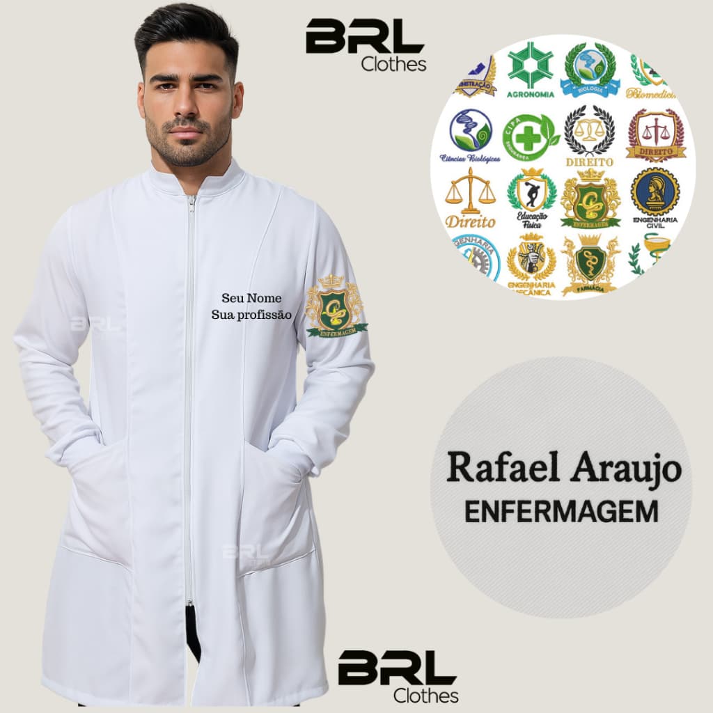 Jaleco Masculino Branco Personalizado – BORDADO Nome e Profissão Inclusos