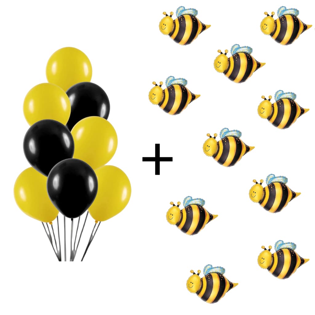 Kit 10 Balões Metalizados Abelhas + 10 Balão Liso Preto + 10 Liso Balão Amarelo Festa Top Parabéns