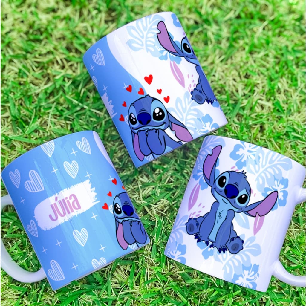 Caneca Porcelana Stitch Personalizada com Nome, Xicara Lilo e Stitch Presente Criança