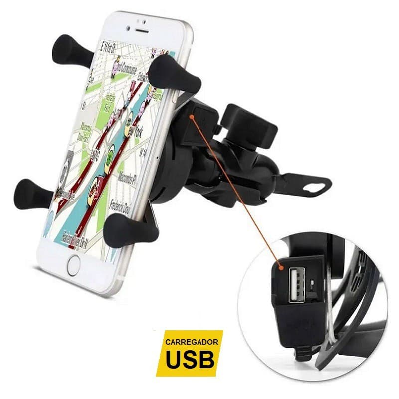 Suporte De Celular Para Moto Com Carregador USB e Fixação Segura no Retrovisor com Elástico