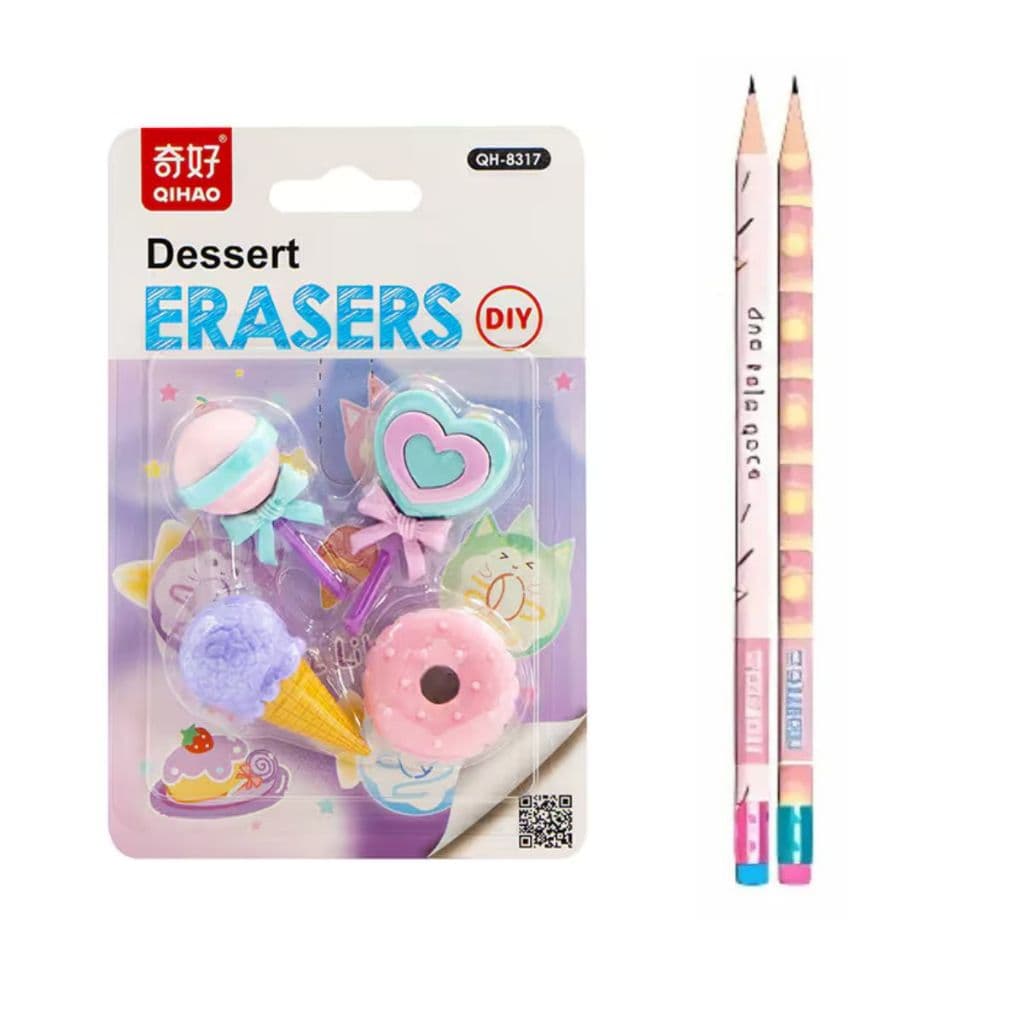 Borracha Fofa Donuts Kawaii – 4 Borrachas Dessert Erasers + 2 Lápis Donuts Leo&Leo