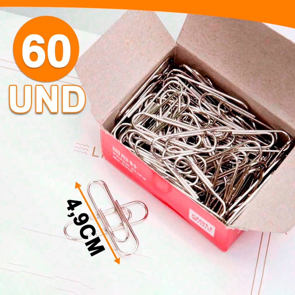 Kit 60 Clips De Metal Grampo Para Papel 49mm Escritório Papelaria Escola