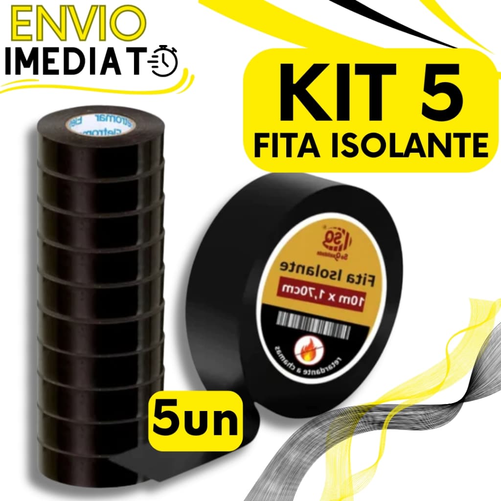 KIT Jogo 5 Fitas Isolante Antichama PVC Preta Para Eletricista Fios Cabos Eléticos Uso Geral Domestico e Industrial