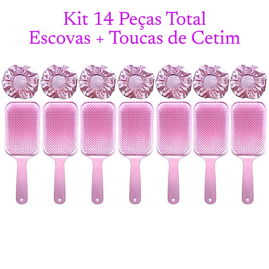Kit 14 Peças 7 Escovas Raquetão e 7 Toucas de Cetim Sem Quebrar Os Fios Salão Beleza CABELO Pente