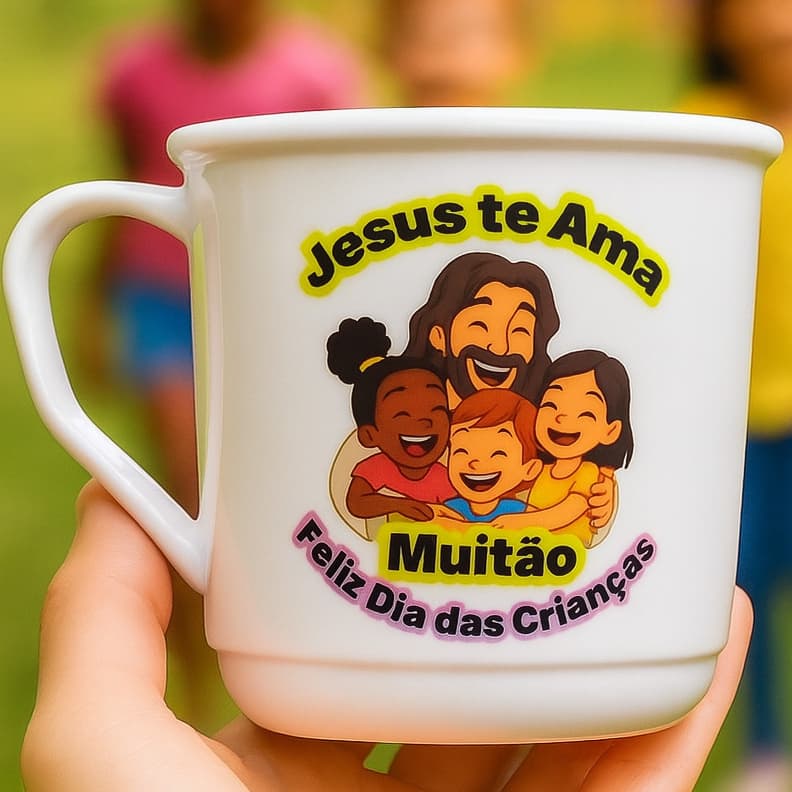 Caneca decorada jesus te ama dia das crianças 15un pronta entrega igreja escola culto infantil