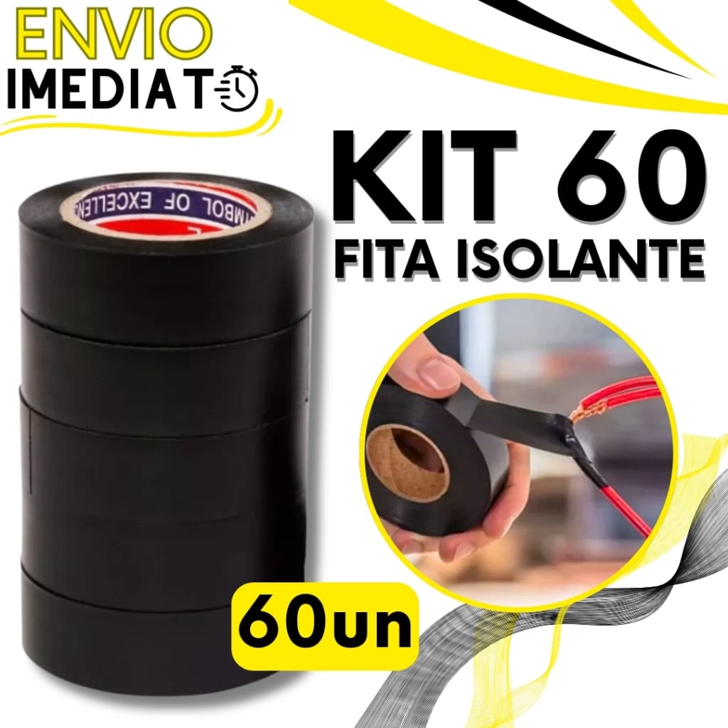 KIT Jogo 60 Fitas Isolante Antichama PVC Preta Para Eletricista Fios Cabos Elétricos Uso Geral Domestico e Industrial