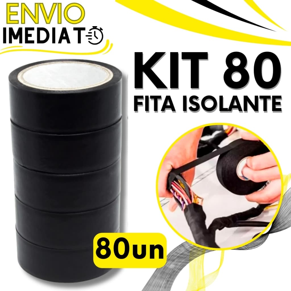 KIT Jogo 80 Fitas Isolante Antichama PVC Preta Para Eletricista Fios Cabos Elétricos Uso Geral Domestico e Industrial
