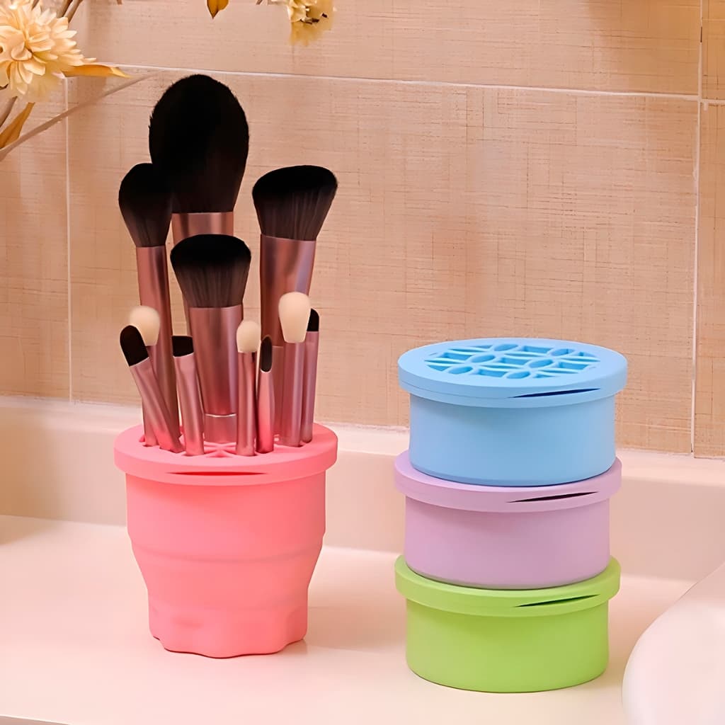 Limpador e Organizador de Pincéis de Maquiagem Retrátil em Silicone – Higienização Profunda Suporte de Secagem Sem Alça