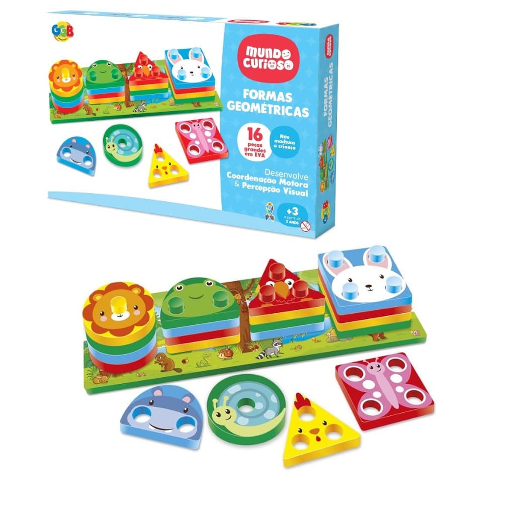 Brinquedo Pedagógico Infantil Educacional Formas Geométricas Animais em EVA 16 Peças