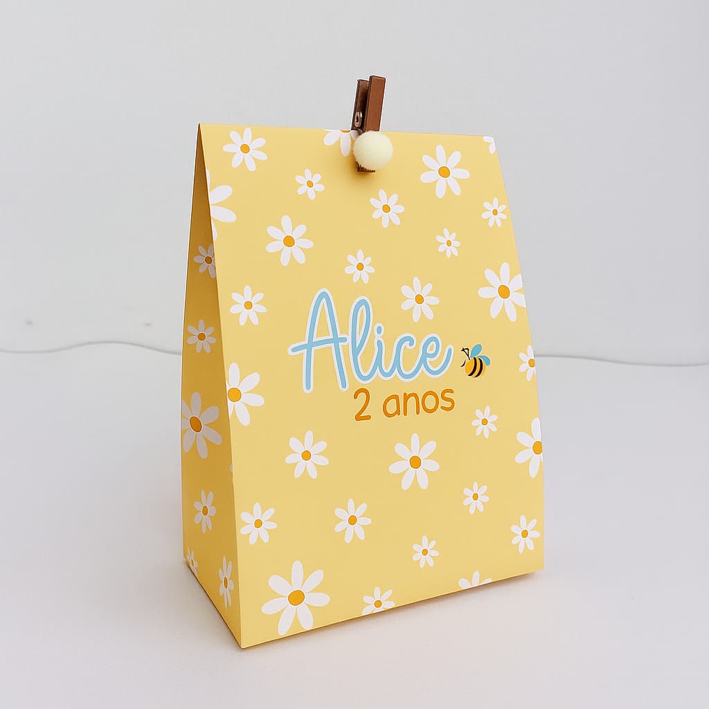 Saquinho de Lembrancinha Personalizado 14,5x9,5 - Tema Margaridas & Abelhinha | Amarelo | Rosa | Azul Tiffany
