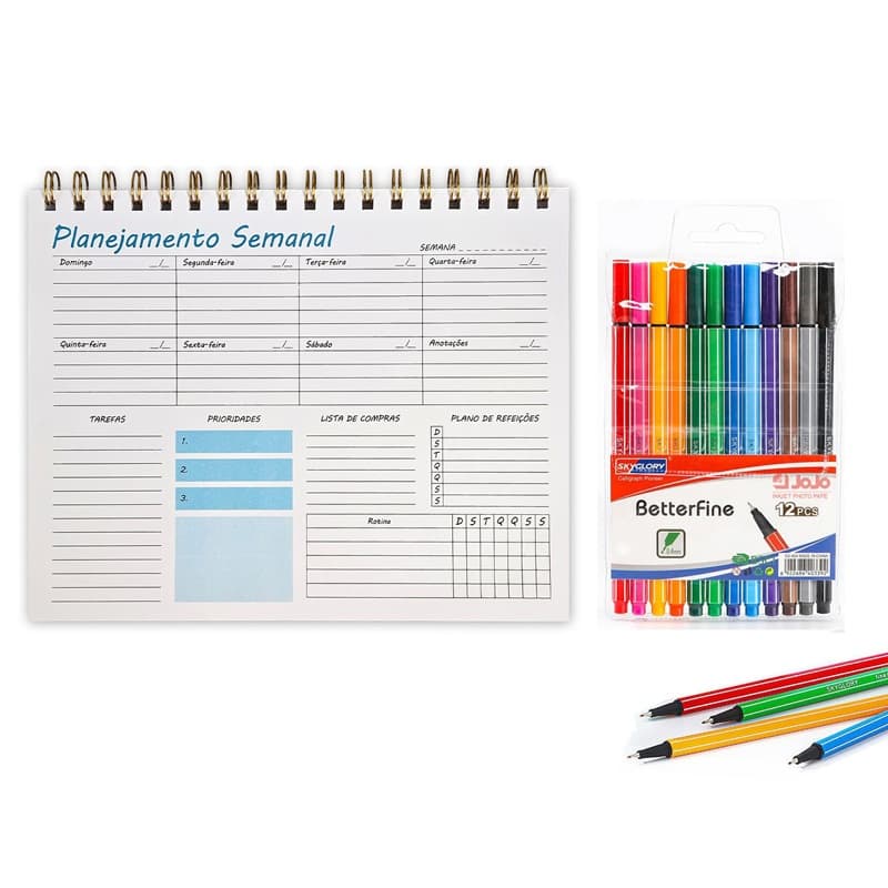 KIT Caneta 12 Cores Fine 0,5MM Com Caderno Espiral Agenda Planner Semanal 50 Folhas Organização