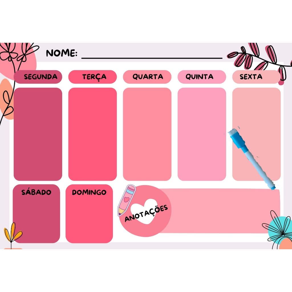 PLANNER SEMANAL - A4 - APAGÁVEL COM IMÃ DE GELADEIRA