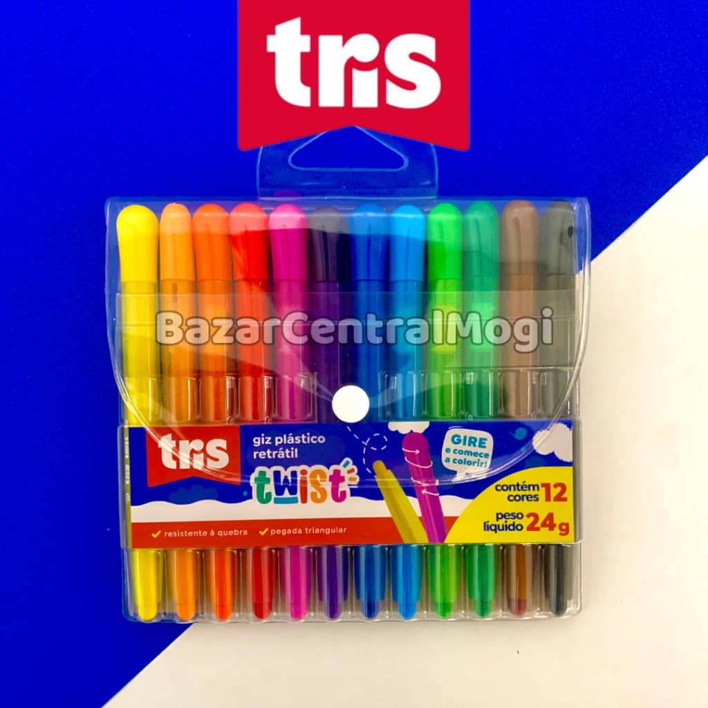 Giz de Cera Retrátil Tris 12 Cores Twist Resistente Corpo Plástico Durável