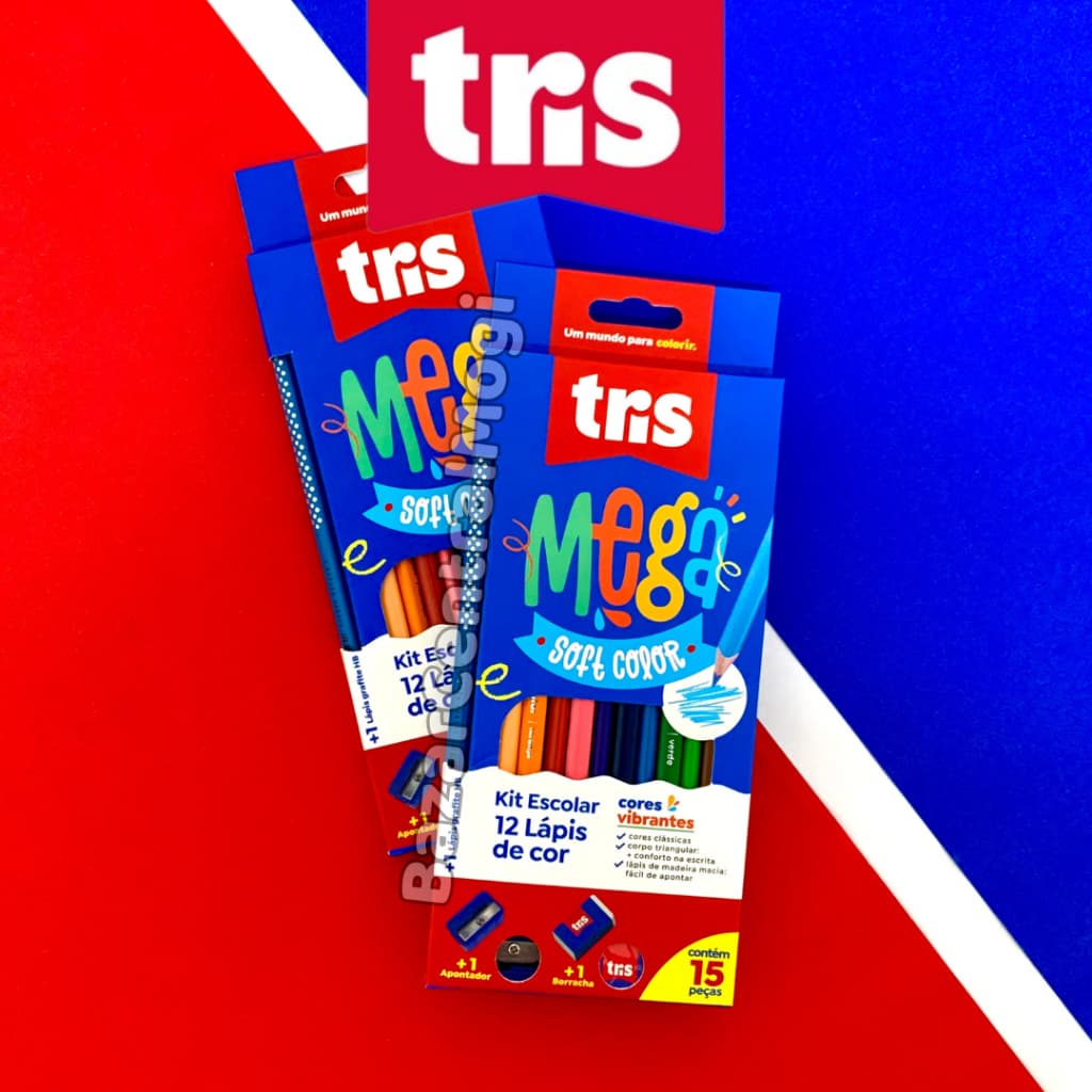Kit Tris Lápis de Cor 12 Cores + Lápis HB + Apontador + Borracha Mega Soft Color
